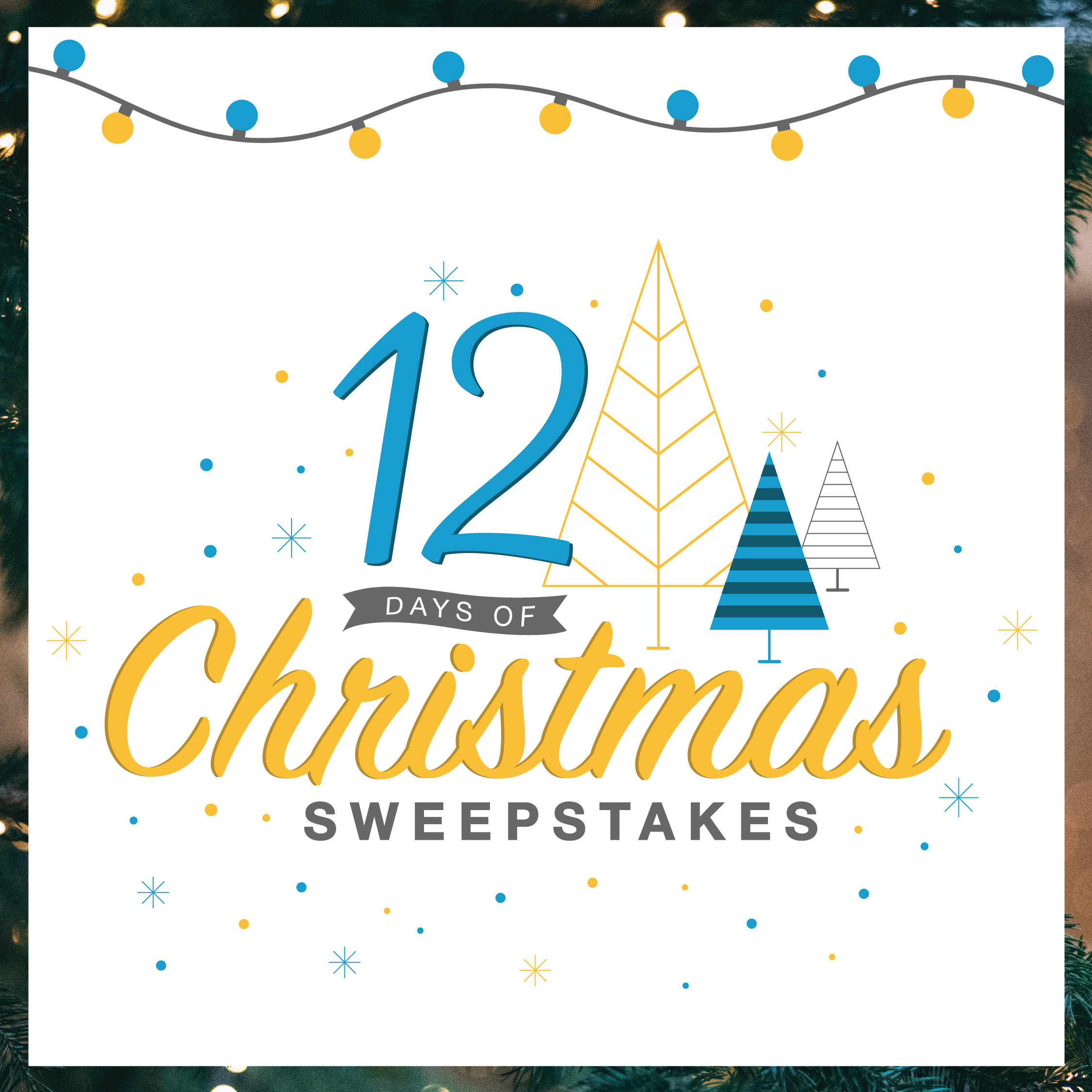 Christmas graphic in white, blue, and yellow that reads "12 DAYS OF Christmas SWEEPSTAKES" with drawn trees and Christmas lights on a white background.